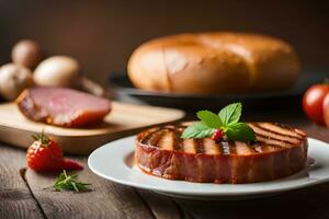 grilled meat on a plate with tomatoes and bread. AI-Generated photo