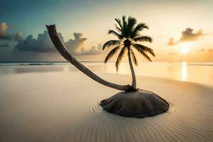 un palma árbol en un arenoso playa a puesta de sol. generado por ai foto