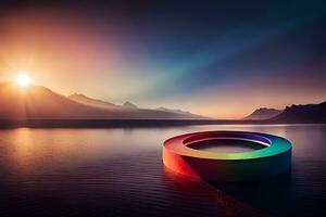 a ring sitting on the water with the sun setting behind it. AI-Generated photo