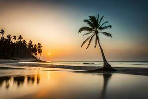 un palma árbol soportes en el playa a puesta de sol. generado por ai foto