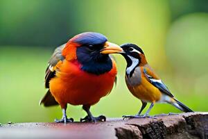 un vistoso pájaro y un pequeño pájaro son en pie en un de madera repisa. generado por ai foto