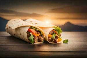 two burritos on a wooden table with sunset in the background. AI-Generated photo