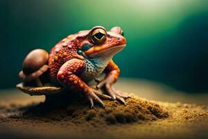 a red and orange frog sitting on top of a sand. AI-Generated photo