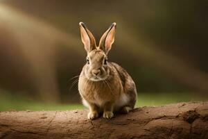 a rabbit sitting on a log in front of a green background. AI-Generated photo