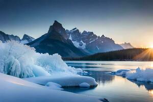 hielo témpanos en un congelado lago a puesta de sol. generado por ai foto