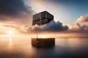 a building floating in the ocean with clouds above it. AI-Generated photo