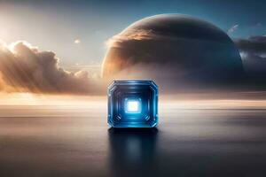 a blue cube sitting on the ground in front of a planet. AI-Generated photo