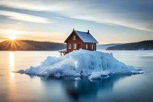 a house sits on an iceberg in the middle of the water. AI-Generated photo