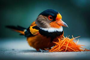 a small bird with orange and black feathers sitting on the ground. AI-Generated photo