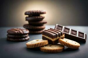 chocolate y galletas en un oscuro antecedentes. generado por ai foto