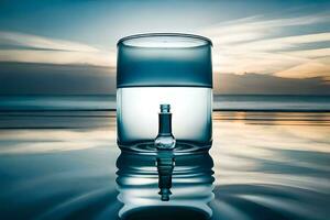 a glass of water sitting on the beach with the ocean in the background. AI-Generated photo