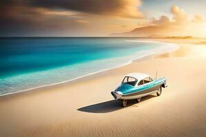 un pequeño barco en el playa a puesta de sol. generado por ai foto