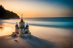 a castle on the beach at sunset. AI-Generated photo