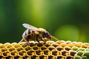 abeja en panal con borroso antecedentes. generado por ai foto