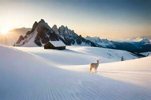 a white deer stands in the snow in front of a cabin. AI-Generated photo