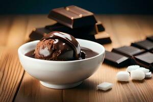 chocolate ice cream with marshmallows and chocolate bars on wooden table. AI-Generated photo