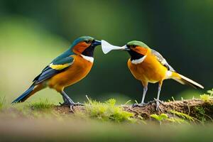 dos aves son en pie en un rama con su picos abierto. generado por ai foto