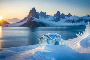 a small house in the snow with mountains in the background. AI-Generated photo
