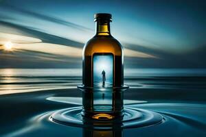 a bottle of whiskey in the water with a man standing in the reflection. AI-Generated photo