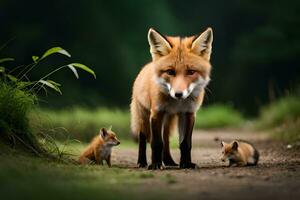 a fox and her cubs are standing on a dirt road. AI-Generated photo