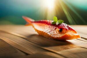 un rojo pescado en un de madera mesa con un verde hoja. generado por ai foto