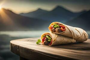 two burritos on a wooden table with mountains in the background. AI-Generated photo