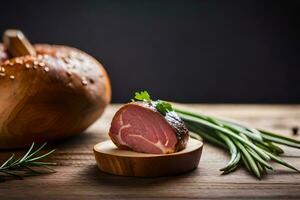 a piece of meat on a wooden board with rosemary. AI-Generated photo