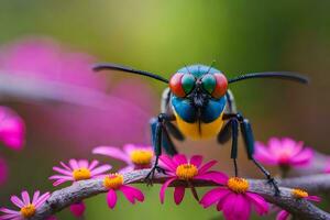 a colorful insect with red eyes sitting on a flower. AI-Generated photo