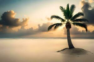 palma árbol en el playa a puesta de sol. generado por ai foto