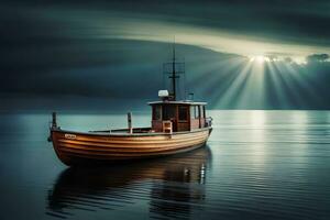 un barco es flotante en el agua debajo un nublado cielo. generado por ai foto