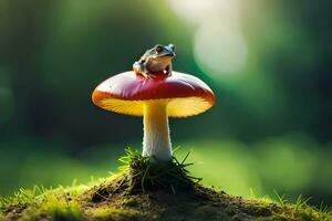 a frog sits on top of a mushroom. AI-Generated photo