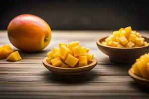 mango slices in wooden bowls on a wooden table. AI-Generated photo