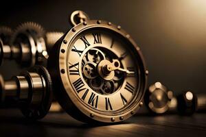 an old clock with gears and a watch. AI-Generated photo