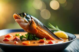 a fish is sitting on top of a bowl of soup. AI-Generated photo