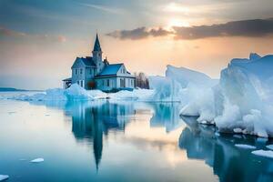 un Iglesia se sienta en parte superior de un iceberg en el medio de el océano. generado por ai foto