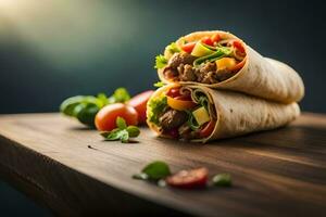 two burritos with meat and vegetables on a wooden table. AI-Generated photo