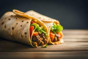 two burritos on a wooden table with a copy space. AI-Generated photo