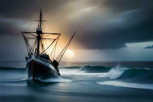 un barco en el Oceano a puesta de sol con un tormenta en el antecedentes. generado por ai foto