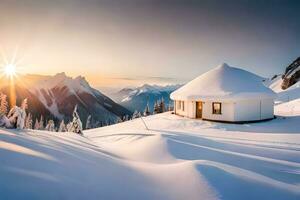 a small house sits on top of a snowy mountain. AI-Generated photo