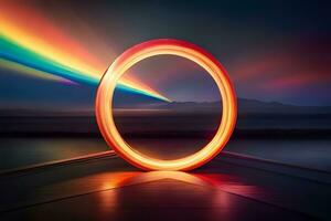 a rainbow light is shining in front of a ring. AI-Generated photo