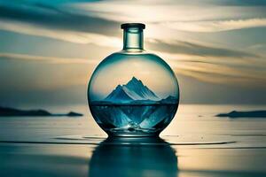 an image of a bottle with a mountain in it. AI-Generated photo