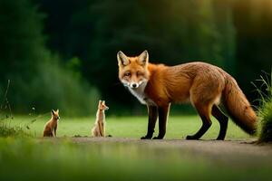 un zorro y dos pequeño animales en el bosque. generado por ai foto