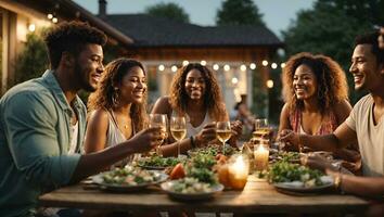 Group of Multiethnic Diverse People Having Fun, Communicating with Each Other and Eating at Outdoors Dinner. Family and Friends Gathered Outside Their Home on a Warm Summer Evening.. Ai Generated photo