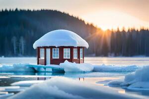 a small red house sits on top of an ice covered lake. AI-Generated photo