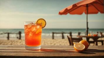 Aperol on top of a wooden table in front of the beach. Ai Generated photo