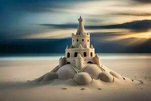 a sand castle on the beach with a sunset. AI-Generated photo