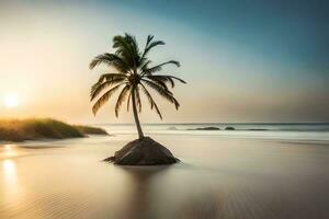 a lone palm tree stands on a rock in the ocean. AI-Generated photo