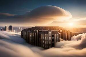 a city in the clouds with a large building in the foreground. AI-Generated photo