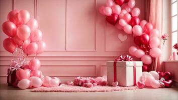 Romantic pink room background with balloons hearts and gift box. Ai Generated photo