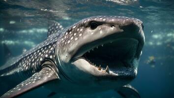 whale shark open mouth close up portrait underwater. Ai Generated photo